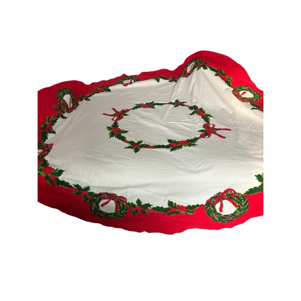 Vera Neumann 74" Round Christmas Tablecloth Wreath Holly Red White Vintage